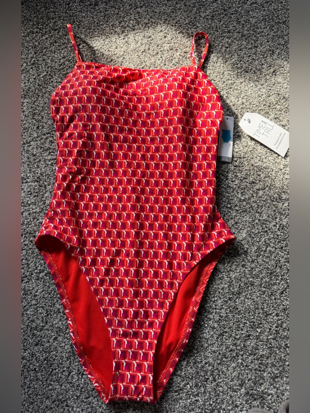 Time and Tru Red Geometric High-Leg One-Piece Swimsuit